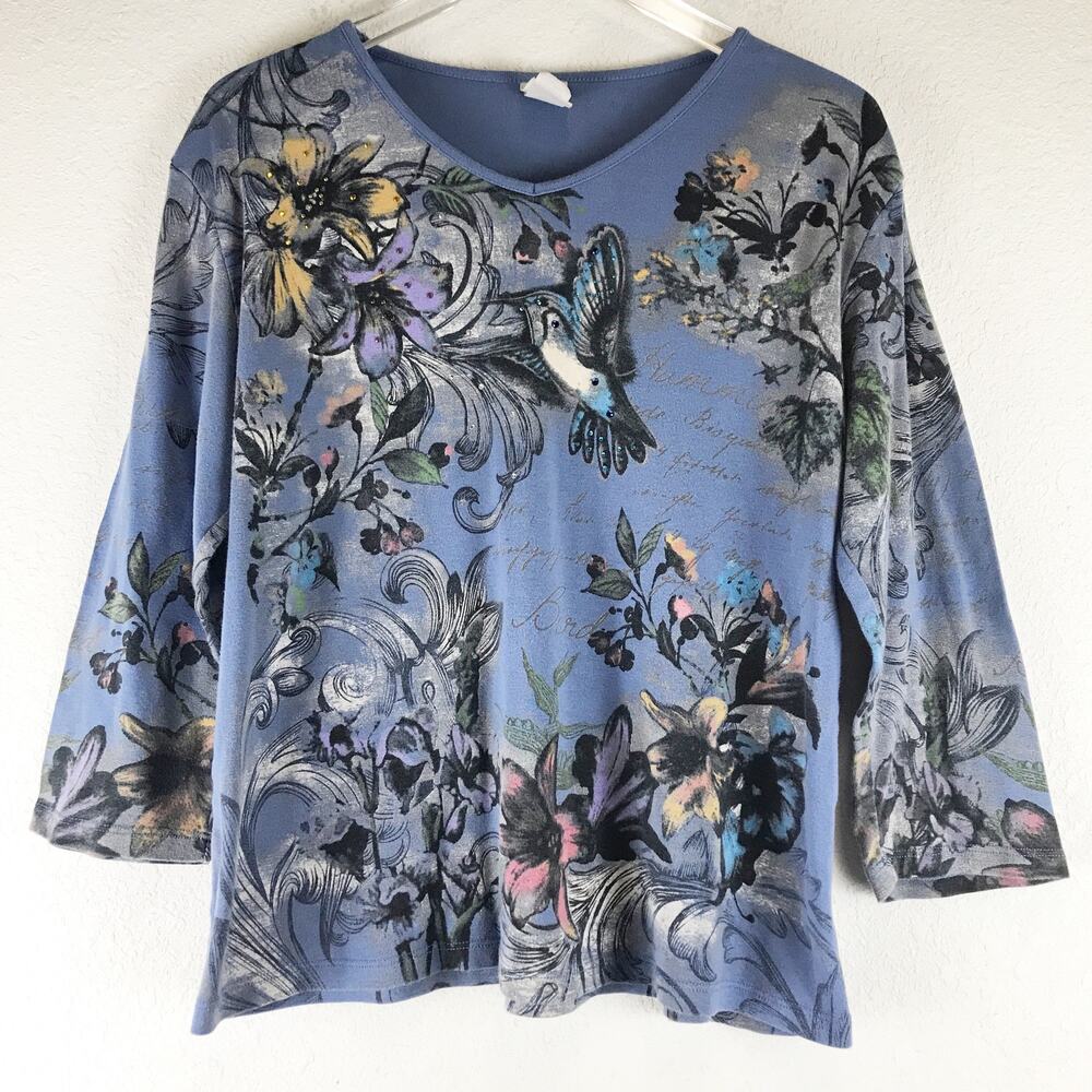 Jess & Jane Hummingbird Flower 100% Cotton Graphic Blouse Top USA Made Size XL